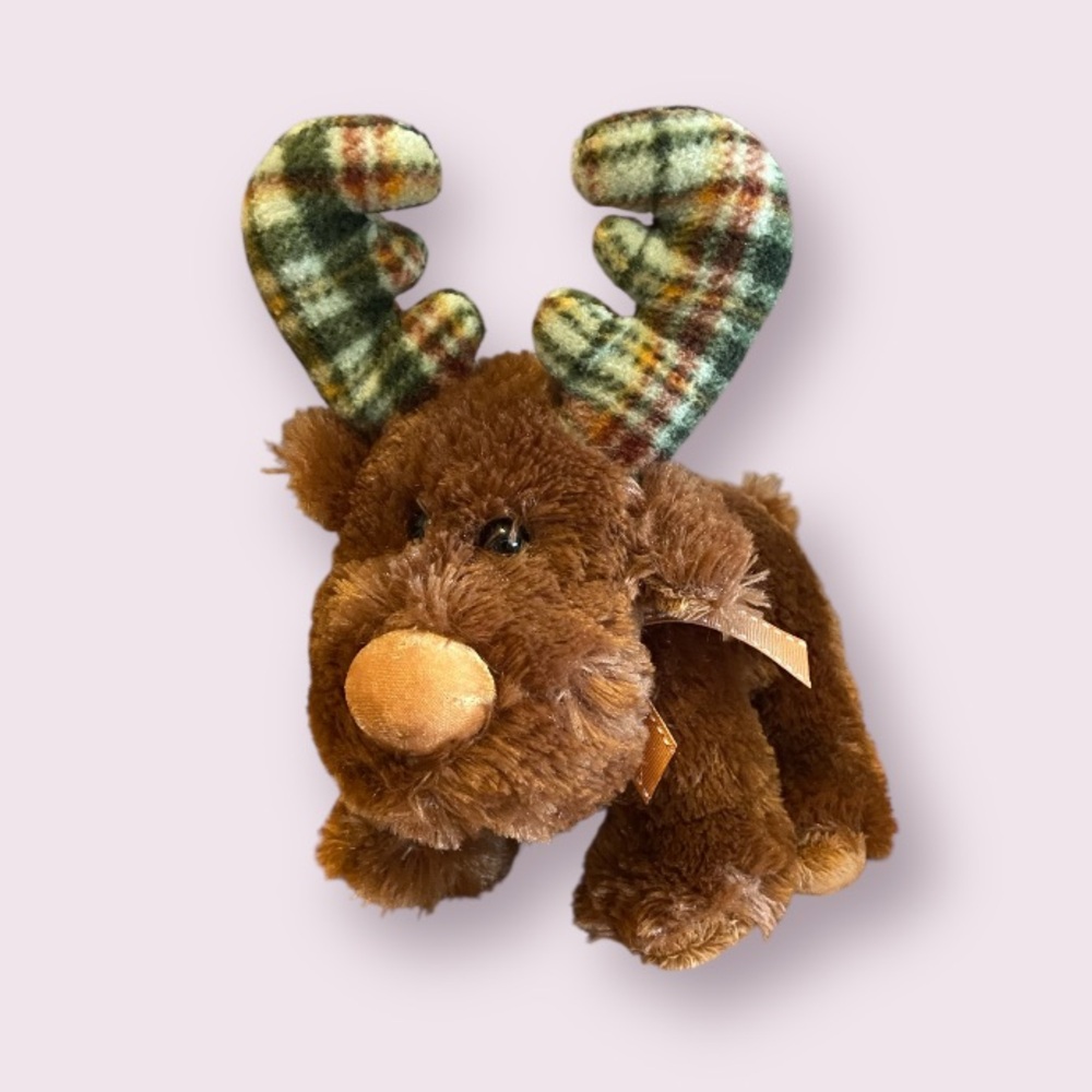 Russ Moose "Marty" the Holiday Reindeer w/ Plaid Antlers and Bow, Vintage Plush